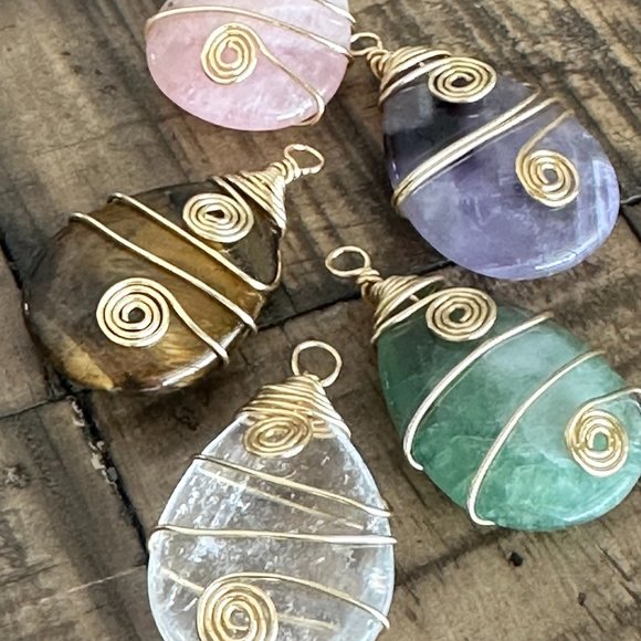Natural Gemstone Wire Wrapped Teardrop Pendants - Crystals - Tigers Eye - Aventu - Picture 1 of 9